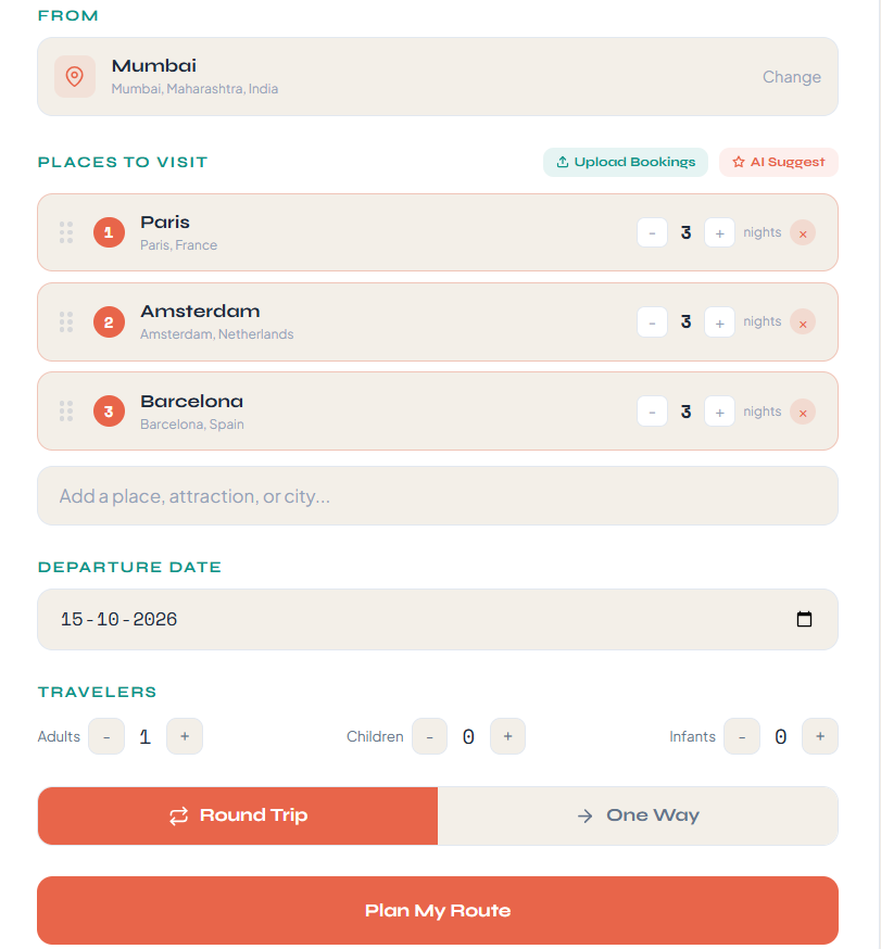 Tripdox plan page with Mumbai origin and Paris, Amsterdam, Barcelona destinations